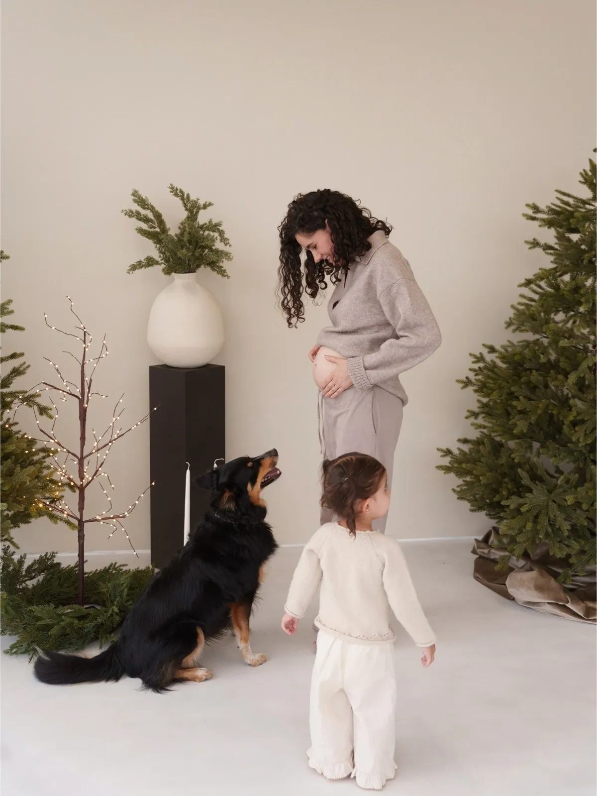 Familia con su perrito en el set minimalista con árbol de Navidad